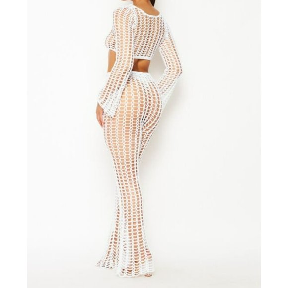 Hot and Delicious Tulum Crochet Two Piece Sheer Set White Size Large NWT - Picture 3 of 4
